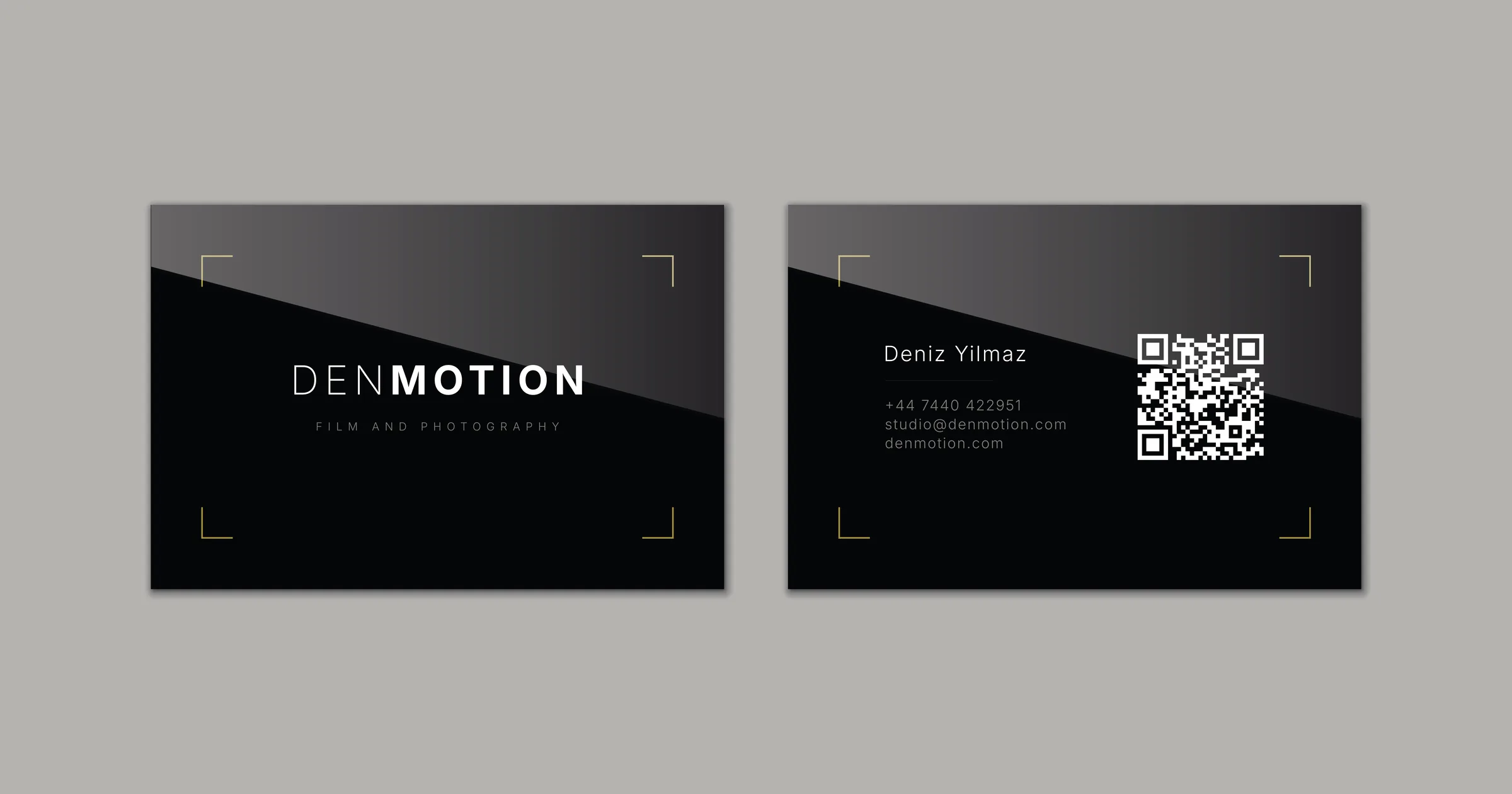 The DenMotion business card front and back, wordmark and tagline on one side, contact details and QR code on the other, gold corner brackets on both.