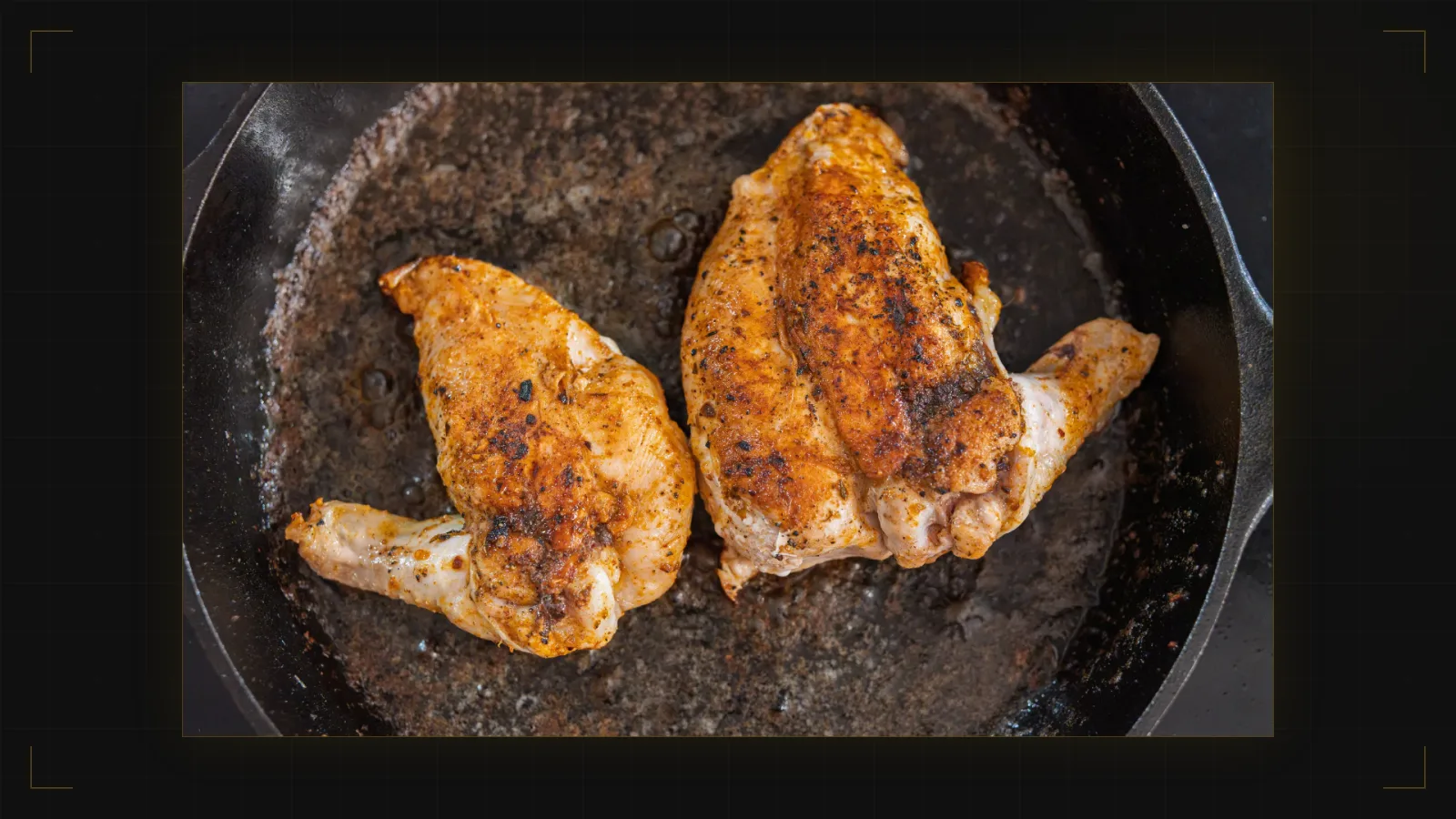 Two bone in chicken supremes skin side up in a cast iron pan