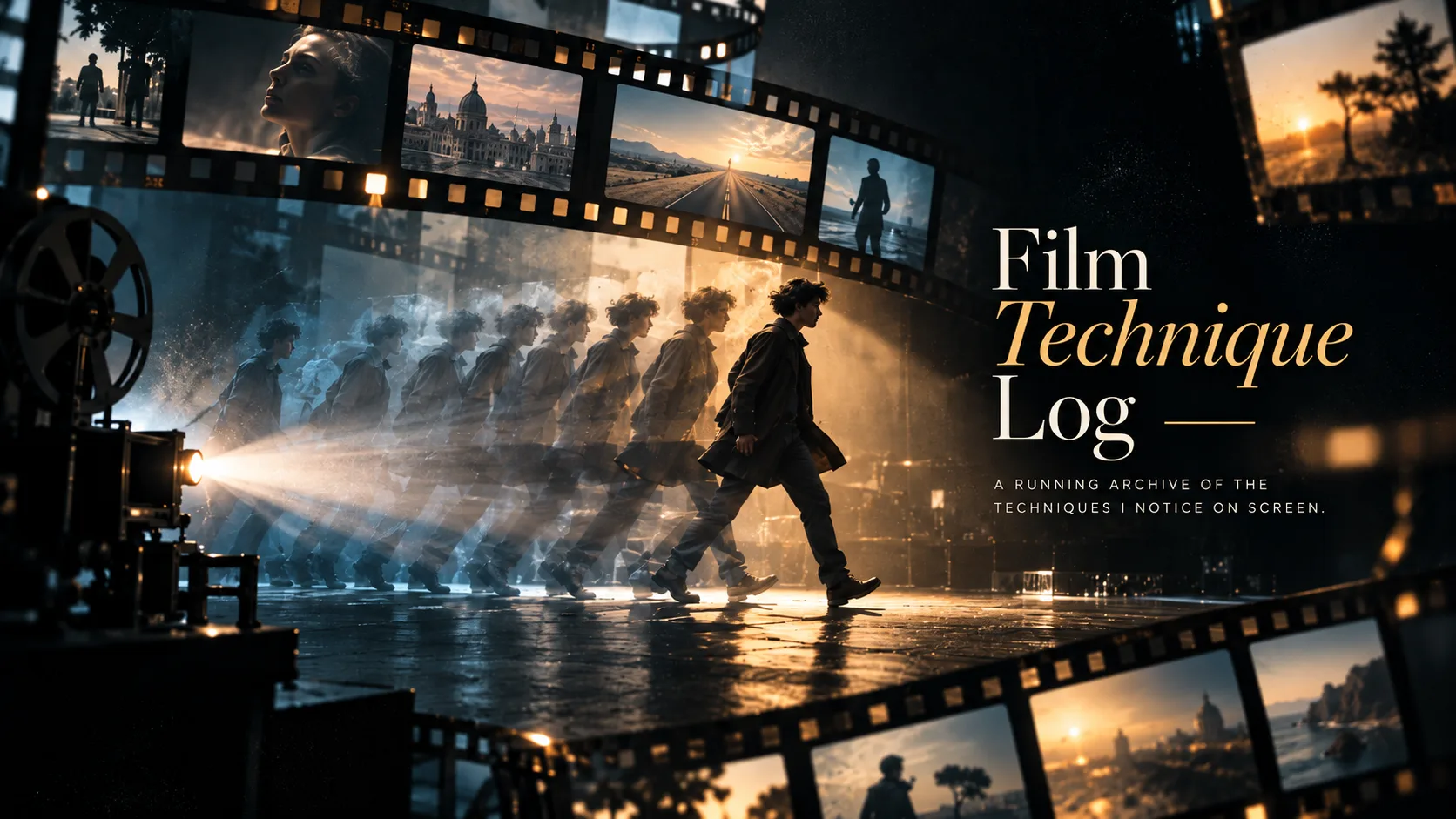 A cinema-themed header. A figure walks left to right trailing a row of stepped ghost copies of itself, lit by a film projector on the left, with strips of film curving across the frame above and below and the words Film Technique Log set to the right.